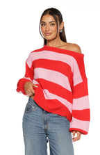 Finley Kırmızı ve Pembe Çizgili Off Shoulder Triko Kazak