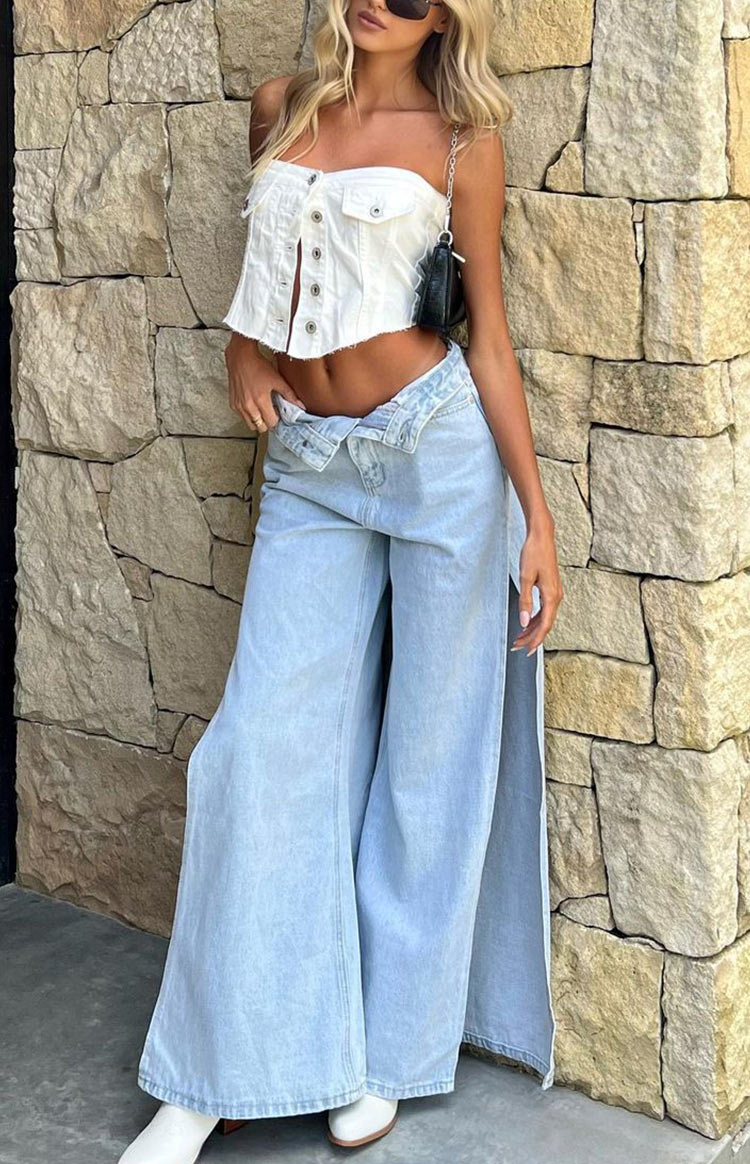 Marelle Açık Mavi Denim Geniş Paça Yandan Yırtmaçlı Jean
