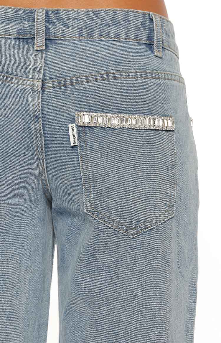 Kavira Açık Yıkama Denim Diamante Detaylı Düşük Bel Jeanler