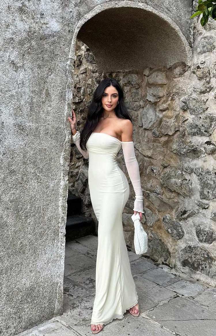 Odette Krem Uzun Kollu Resmi Maxi Elbise