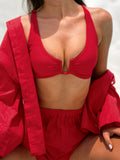 Şık Kırmızı U-Halka Çapraz Bikini Üstü - Yaz Modası