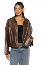 River Vintage Kahverengi PU Kabarcık Kenar Bomber Ceket