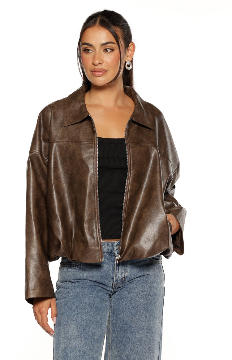 River Vintage Kahverengi PU Kabarcık Kenar Bomber Ceket