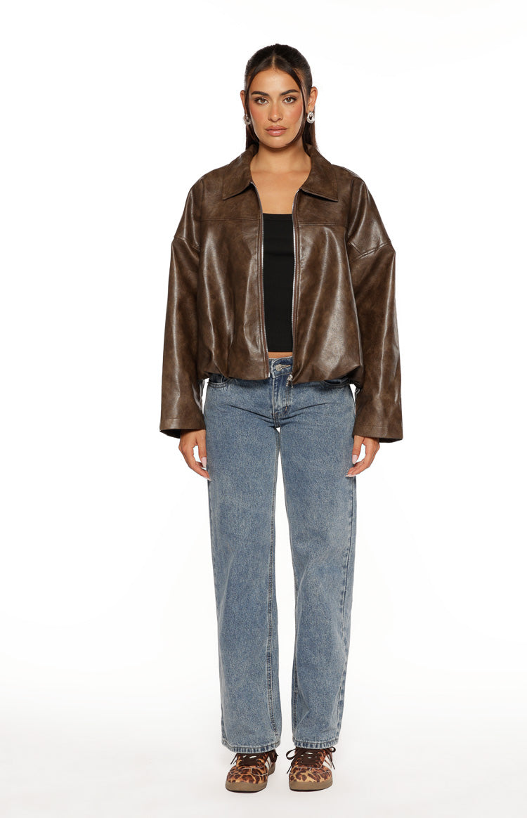 River Vintage Kahverengi PU Kabarcık Kenar Bomber Ceket