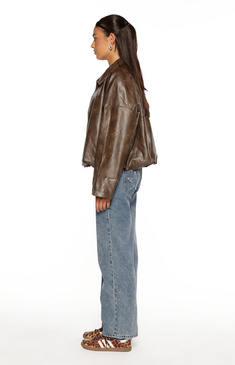 River Vintage Kahverengi PU Kabarcık Kenar Bomber Ceket