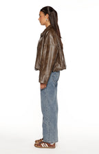 River Vintage Kahverengi PU Kabarcık Kenar Bomber Ceket