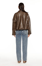 River Vintage Kahverengi PU Kabarcık Kenar Bomber Ceket