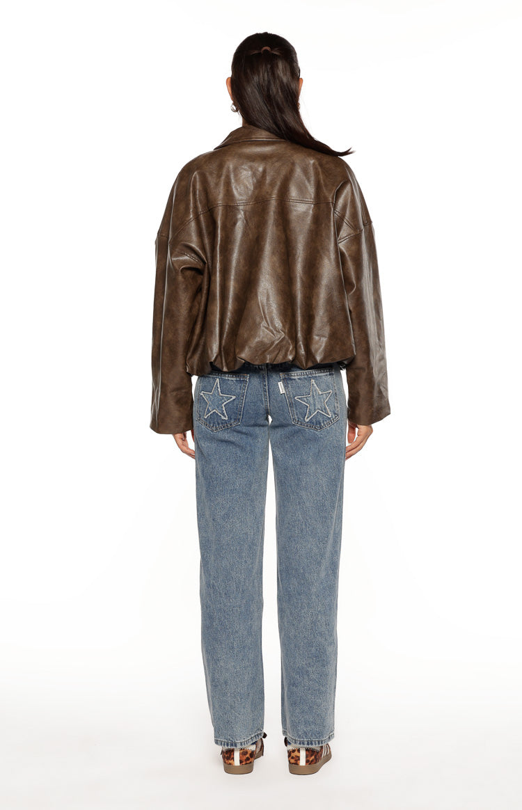 River Vintage Kahverengi PU Kabarcık Kenar Bomber Ceket