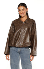 River Vintage Kahverengi PU Kabarcık Kenar Bomber Ceket