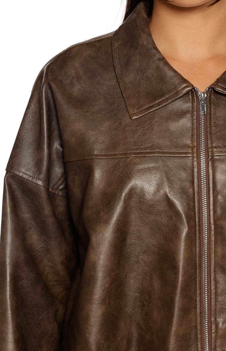 River Vintage Kahverengi PU Kabarcık Kenar Bomber Ceket