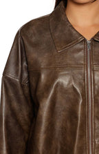 River Vintage Kahverengi PU Kabarcık Kenar Bomber Ceket
