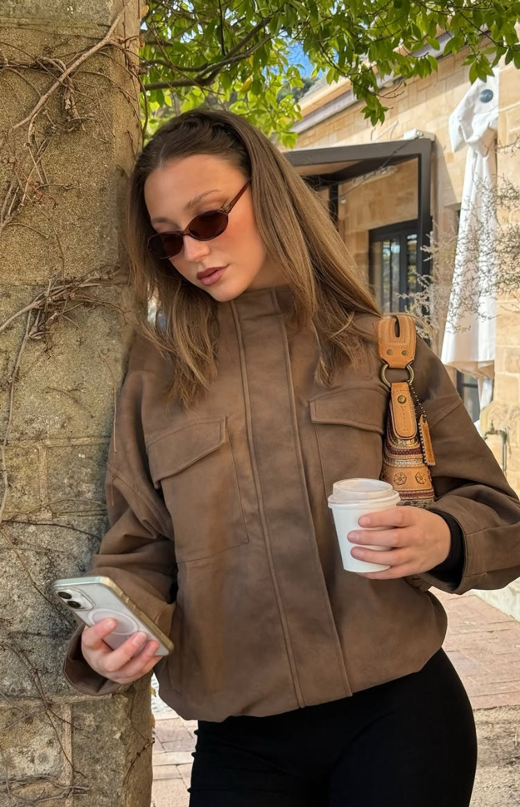 Sapna Kahverengi Oversized Funnel Yaka Süet Ceket