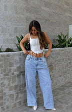 O Senin Işık Yıkama Denim Geniş Paça Boyfriend Jean