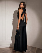 Siyah Halter Kemerli Kesik Maxi Elbise