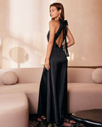 Siyah Halter Kemerli Kesik Maxi Elbise