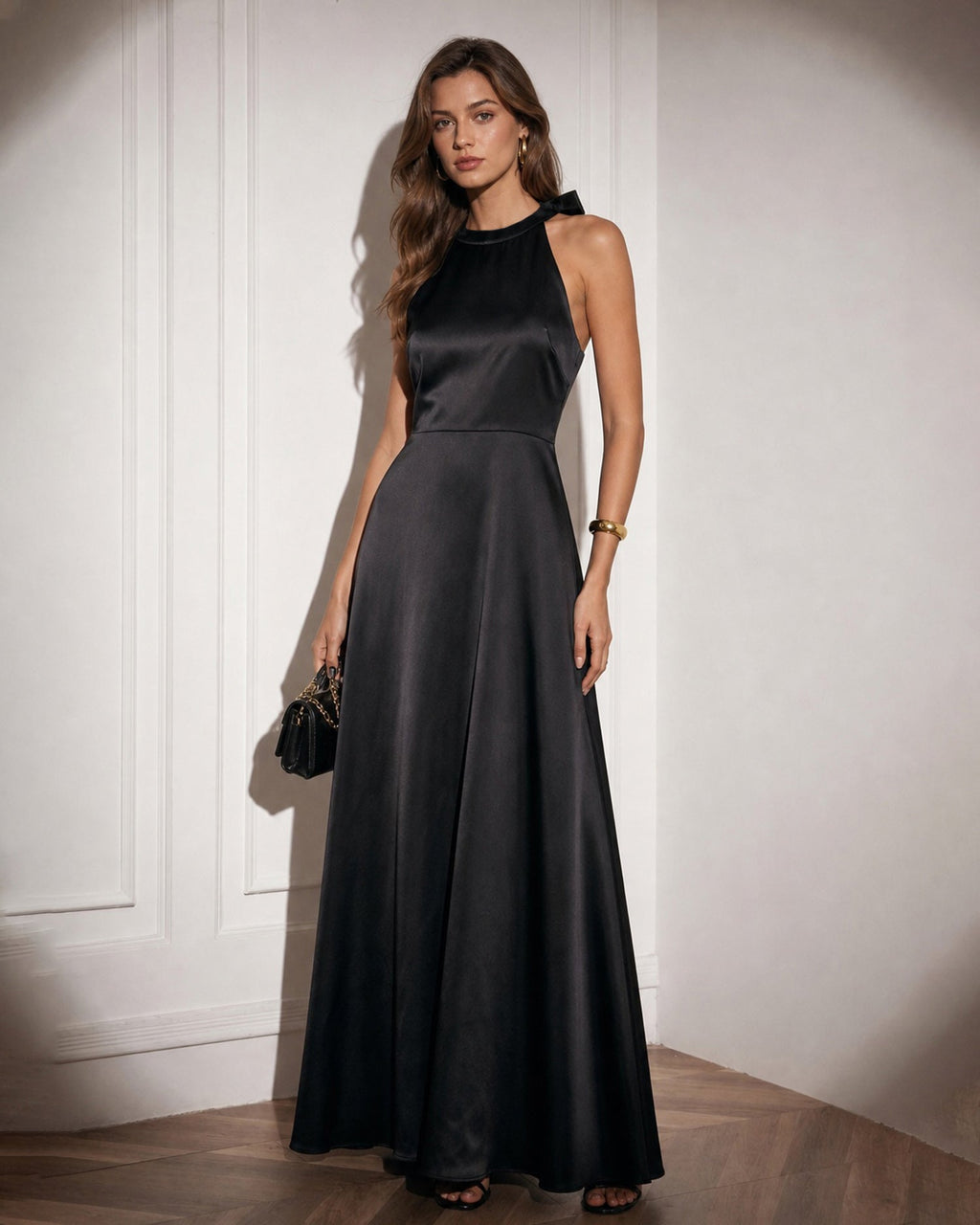 Siyah Halter Kemerli Kesik Maxi Elbise