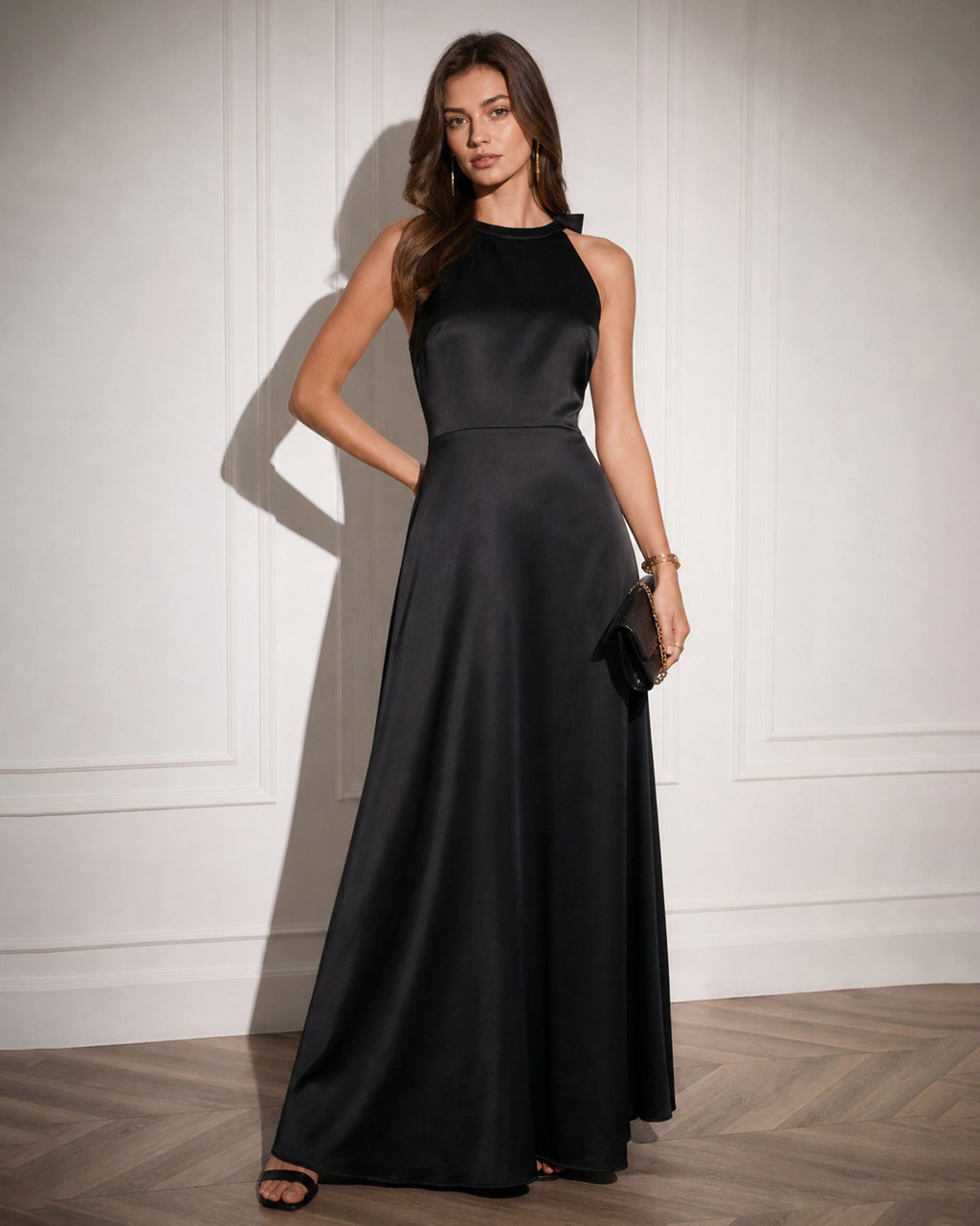 Siyah Halter Kemerli Kesik Maxi Elbise
