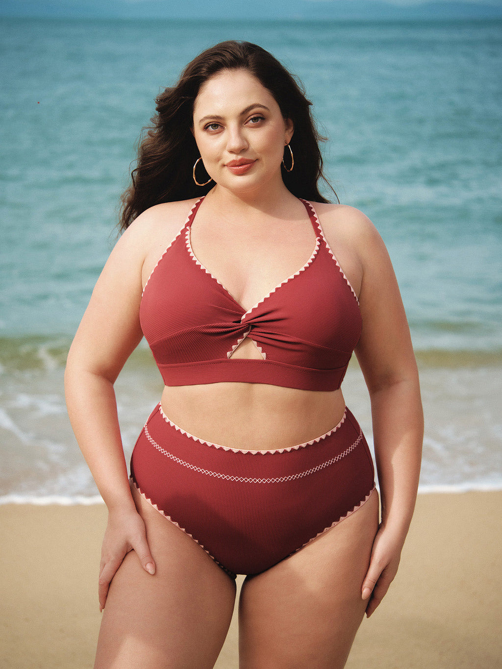 Şık Kırmızı Kontrast Dikişli Büyük Beden Bikini Altı