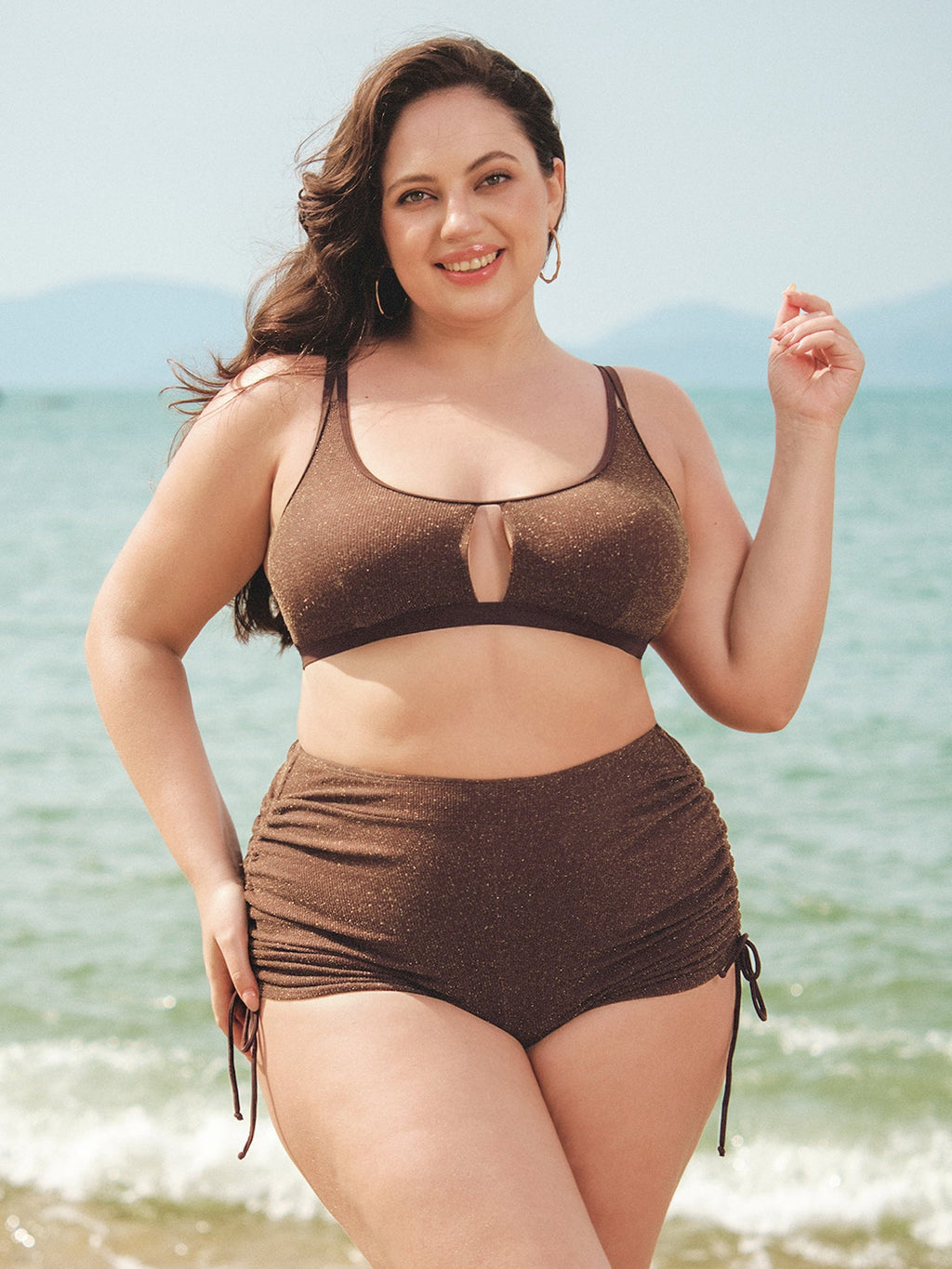 Koyu Kahverengi Lurex Büyük Beden Bikini Üstü - Şık Kesik Detay
