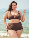 Koyu Kahverengi Lurex Büyük Beden Bikini Üstü - Şık Kesik Detay