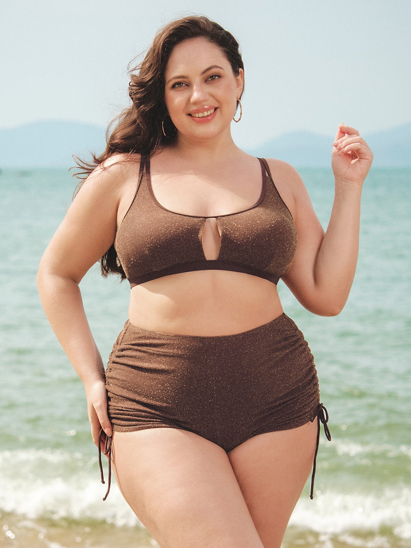 Koyu Kahverengi Lurex Büyük Beden Bikini Üstü - Şık Kesik Detay