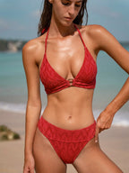 Şık Kırmızı Dokulu Halter Bikini Üstü - Yaz Modası