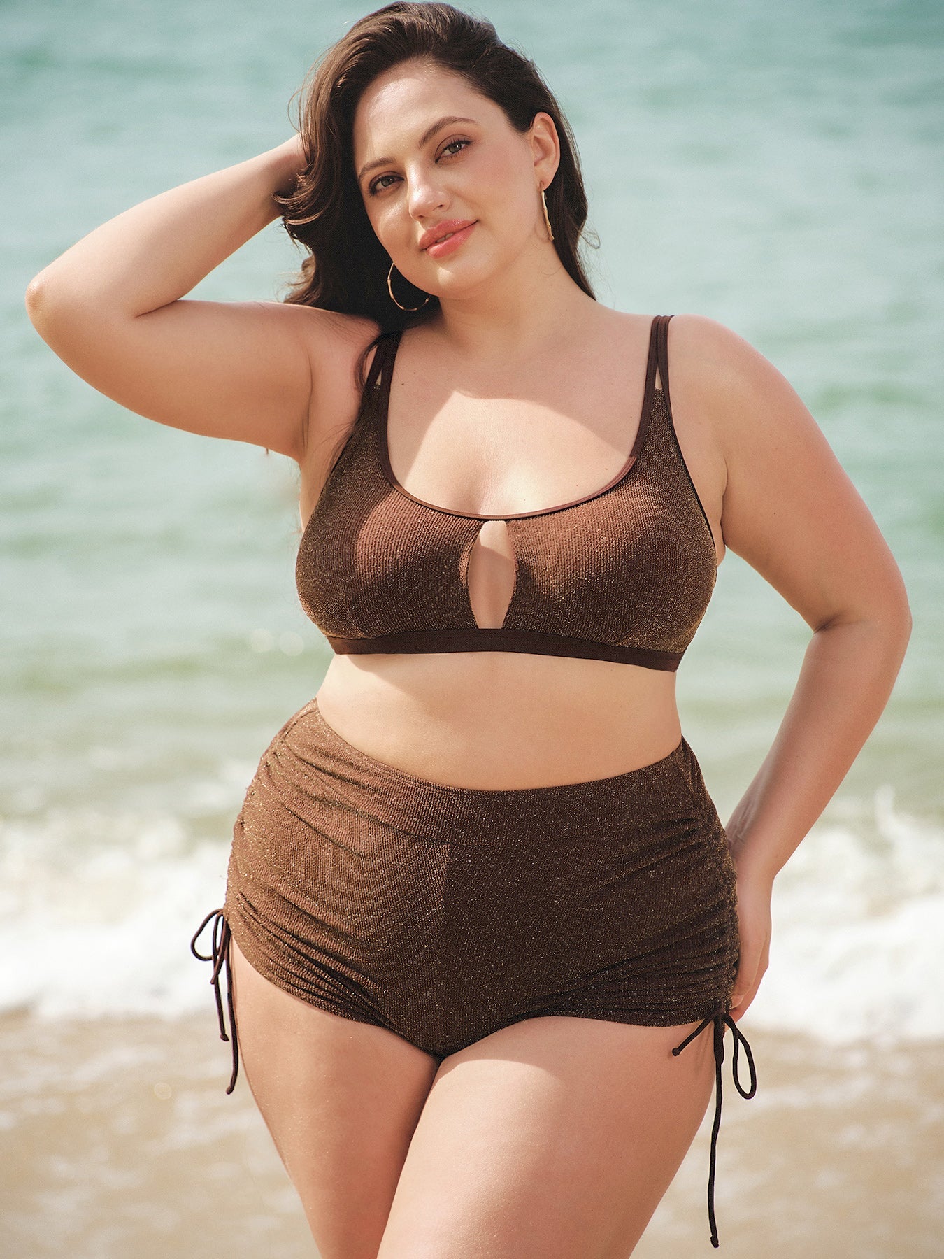 Koyu Kahverengi Lurex Büyük Beden Bikini Üstü - Şık Kesik Detay