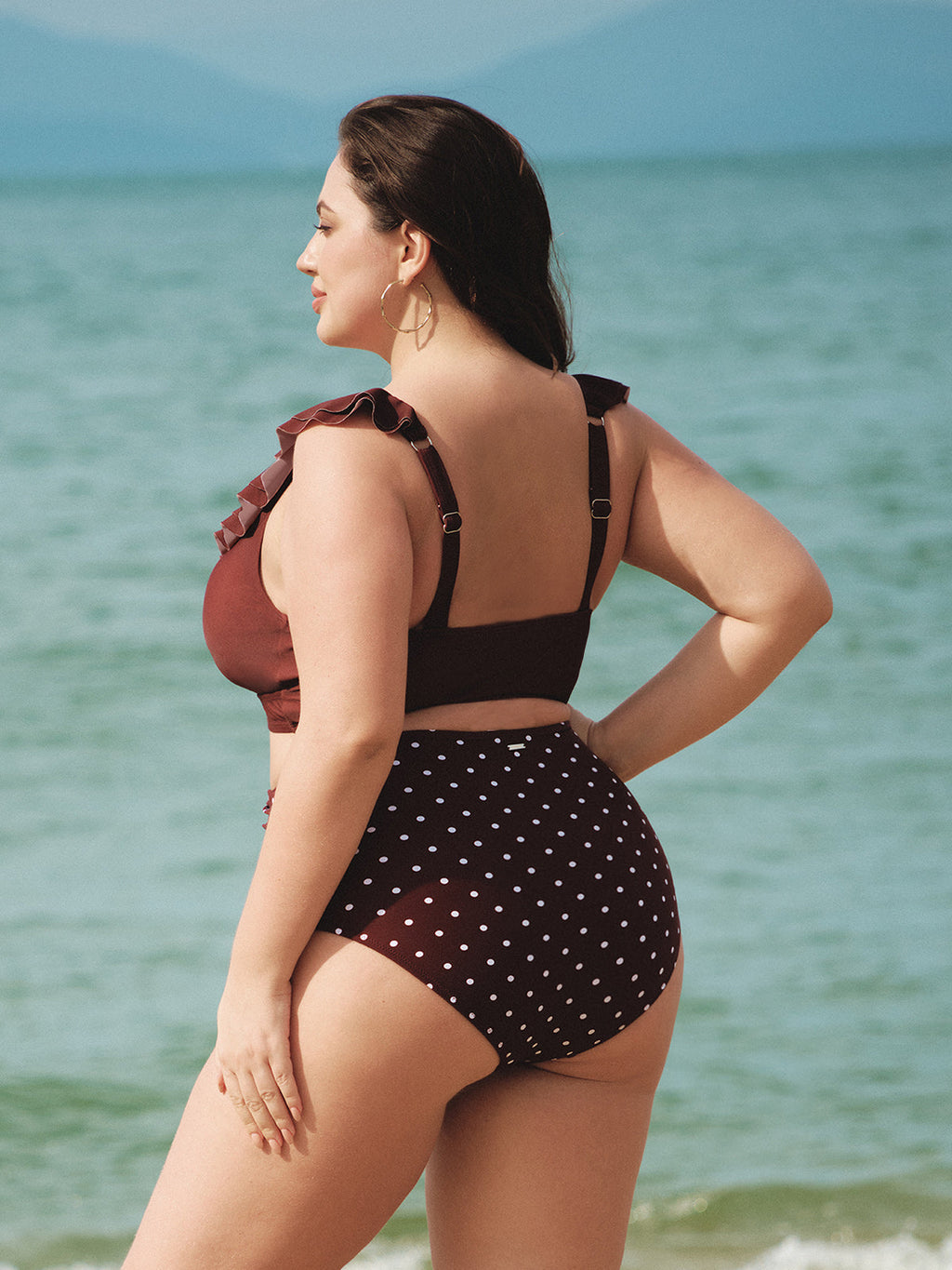 Şık Kahverengi V Yaka Büyük Beden Bikini Üstü