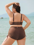Koyu Kahverengi Lurex Büyük Beden Bikini Üstü - Şık Kesik Detay