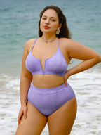 Mor Jakarlı V Yaka Büyük Beden Bikini Üstü - Şık ve Rahat