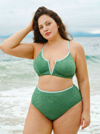 Koyu Yeşil Jakarlı V Yaka Büyük Beden Bikini Üstü - Şıklığı Yakalayın