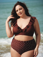 Şık Kahverengi V Yaka Büyük Beden Bikini Üstü