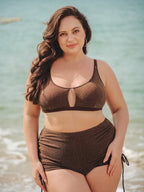 Koyu Kahverengi Lurex Büyük Beden Bikini Üstü - Şık Kesik Detay