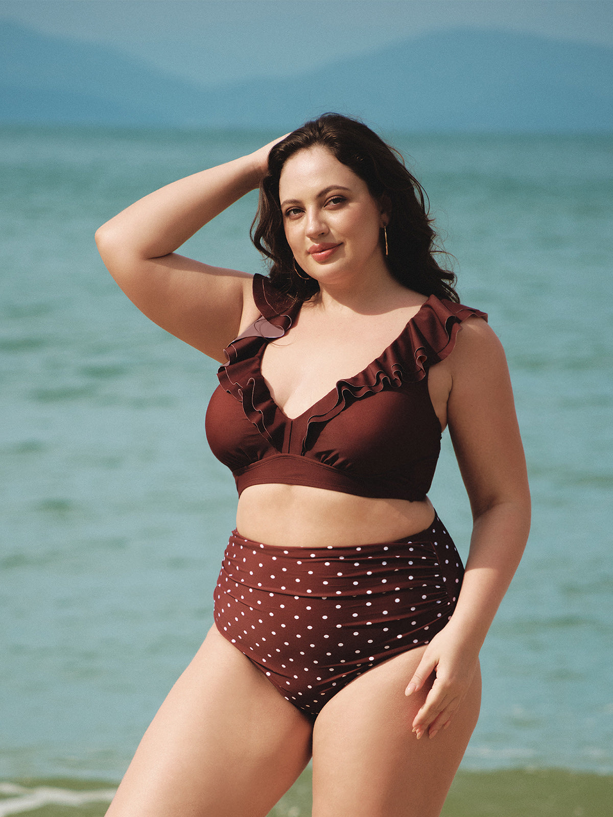 Şık Kahverengi V Yaka Büyük Beden Bikini Üstü