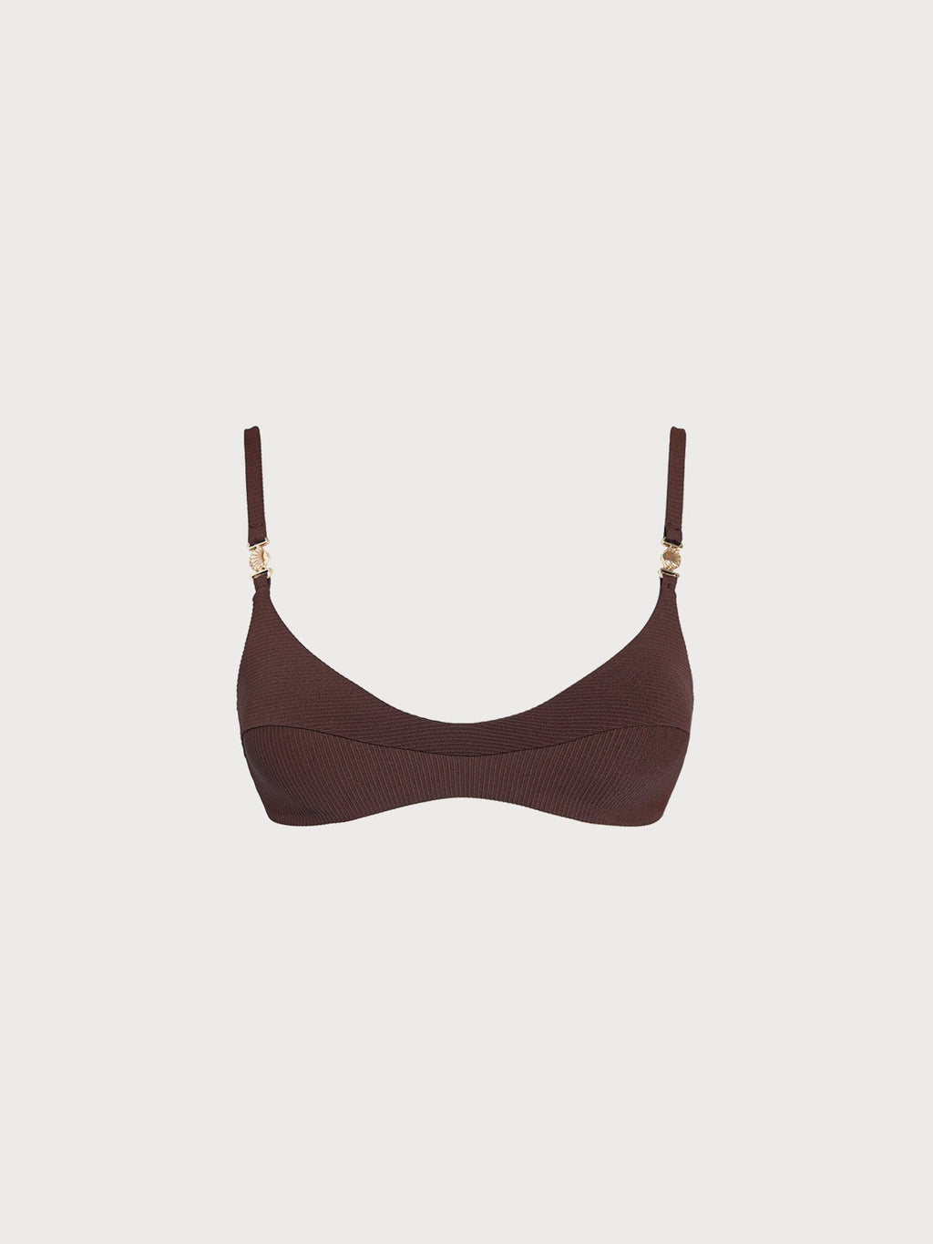 Altın Detaylı Kahverengi Ribana Scoop Yaka Bikini Üstü
