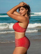 Kırmızı Lurex Büyük Beden Tam Kapama Bikini Altı