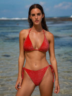 Şık Kırmızı Lurex Halter Üçgen Bikini Üstü - Yaz Modası