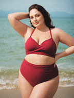 Şarap Renkli Kırışık Büyük Beden Bikini Üstü