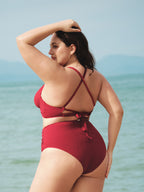 Şarap Renkli Kırışık Büyük Beden Bikini Üstü