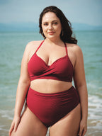Şarap Renkli Kırışık Büyük Beden Bikini Üstü