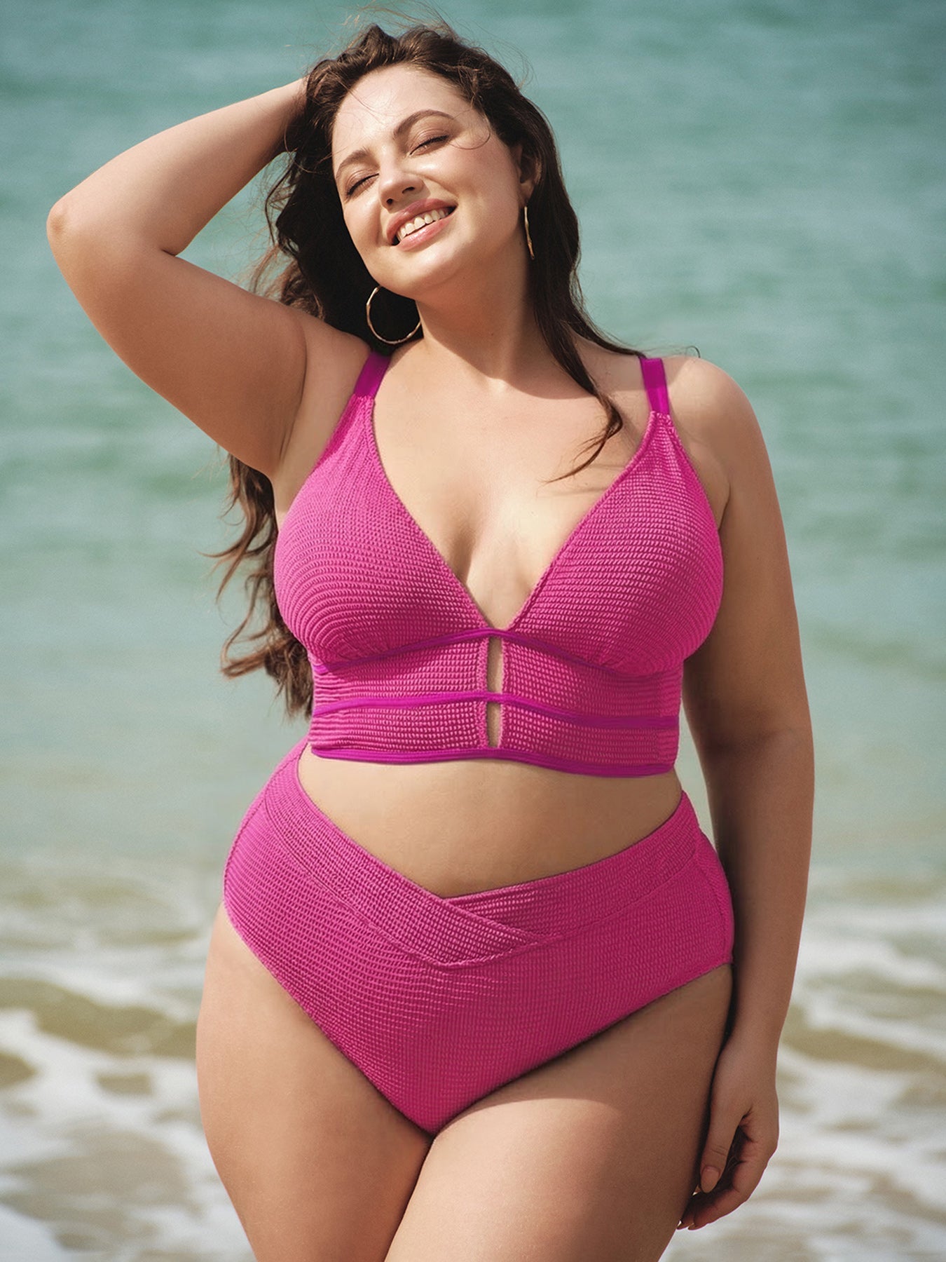 Premium Pembe V Yaka Büyük Beden Tankini Üst
