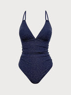 Mavi Lurex V-Yaka Uzun Torso Tek Parça Mayo
