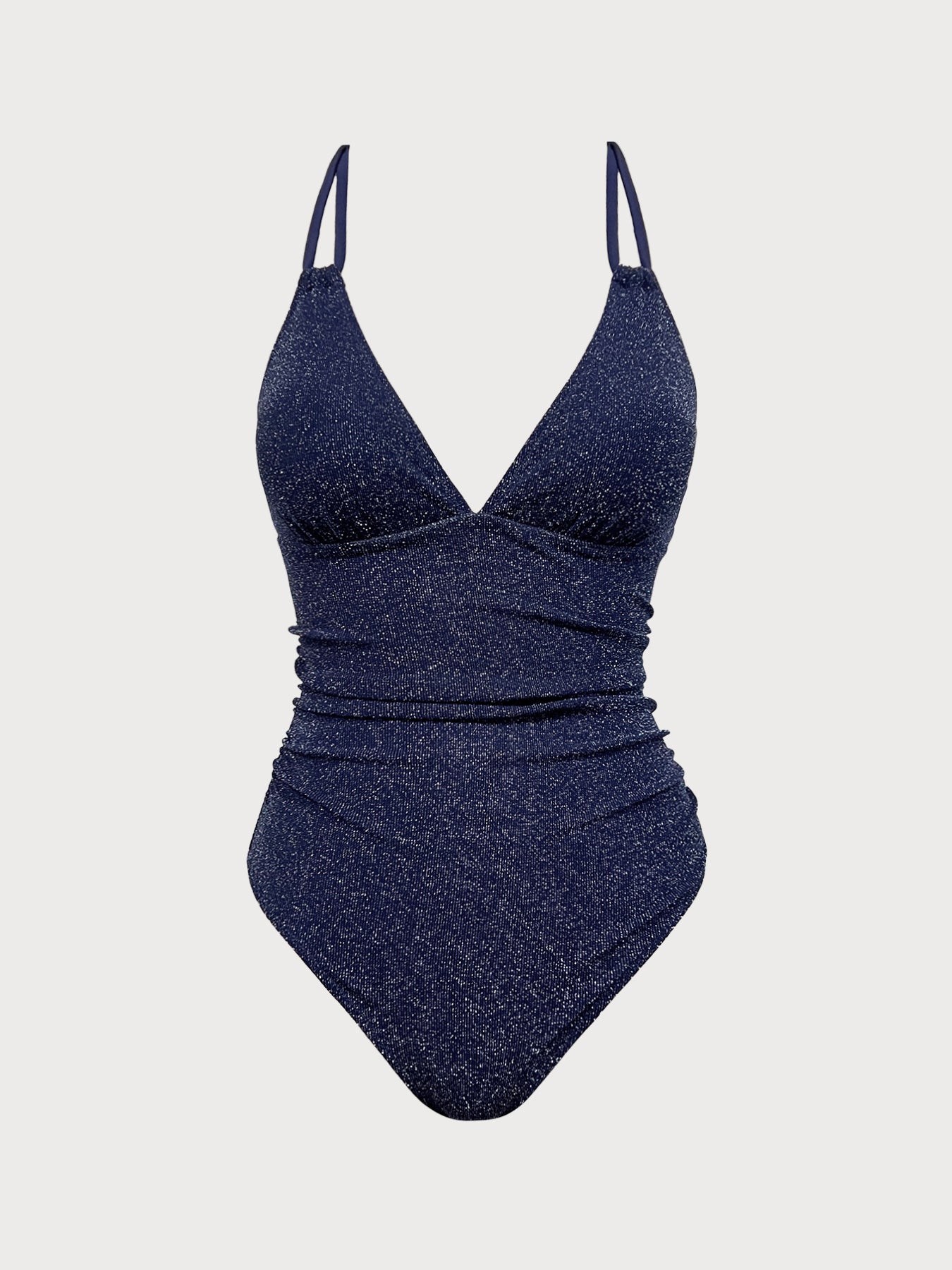 Mavi Lurex V-Yaka Uzun Torso Tek Parça Mayo