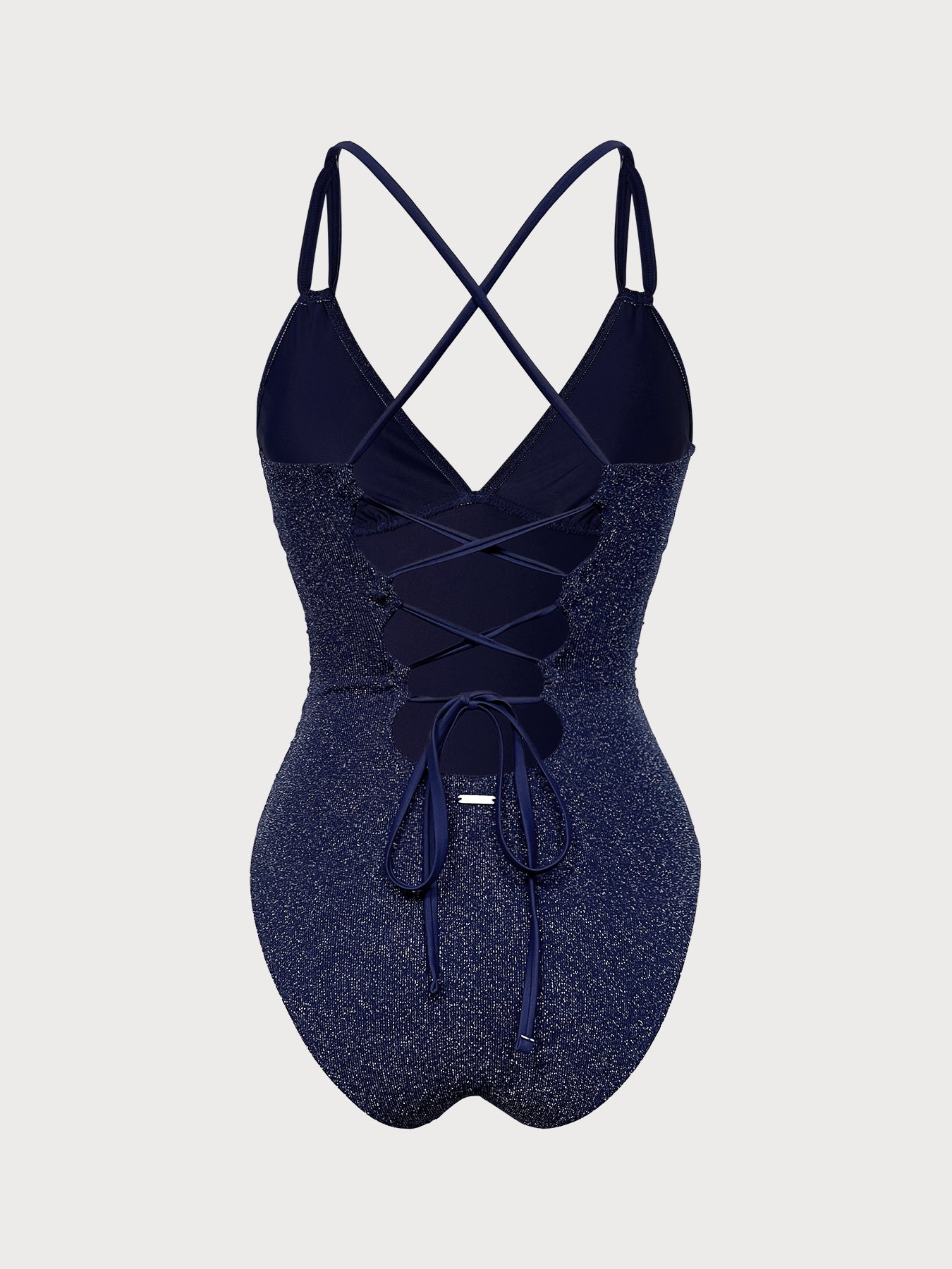 Mavi Lurex V-Yaka Uzun Torso Tek Parça Mayo