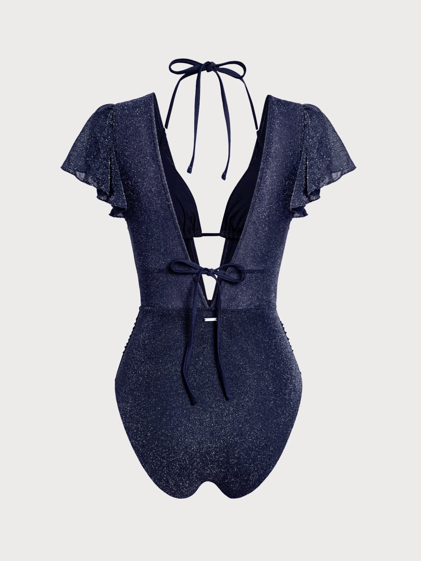 Şık Mavi Lurex V Yaka Kravatlı Tek Parça Mayo