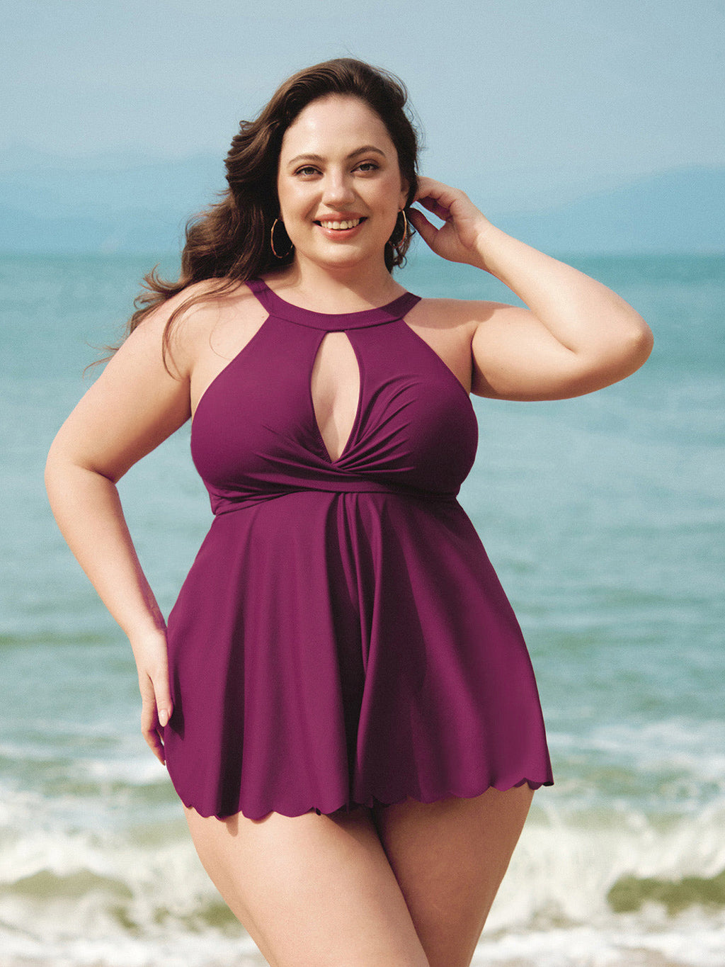 Bordo Halter Twist Ön Plus Beden Tankini Üstü - Şık ve Rahat
