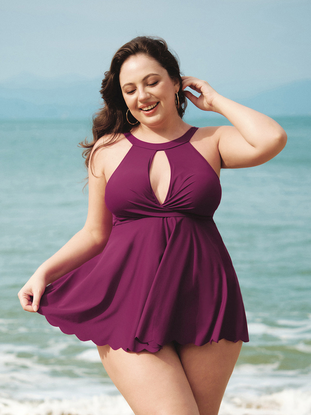 Bordo Halter Twist Ön Plus Beden Tankini Üstü - Şık ve Rahat