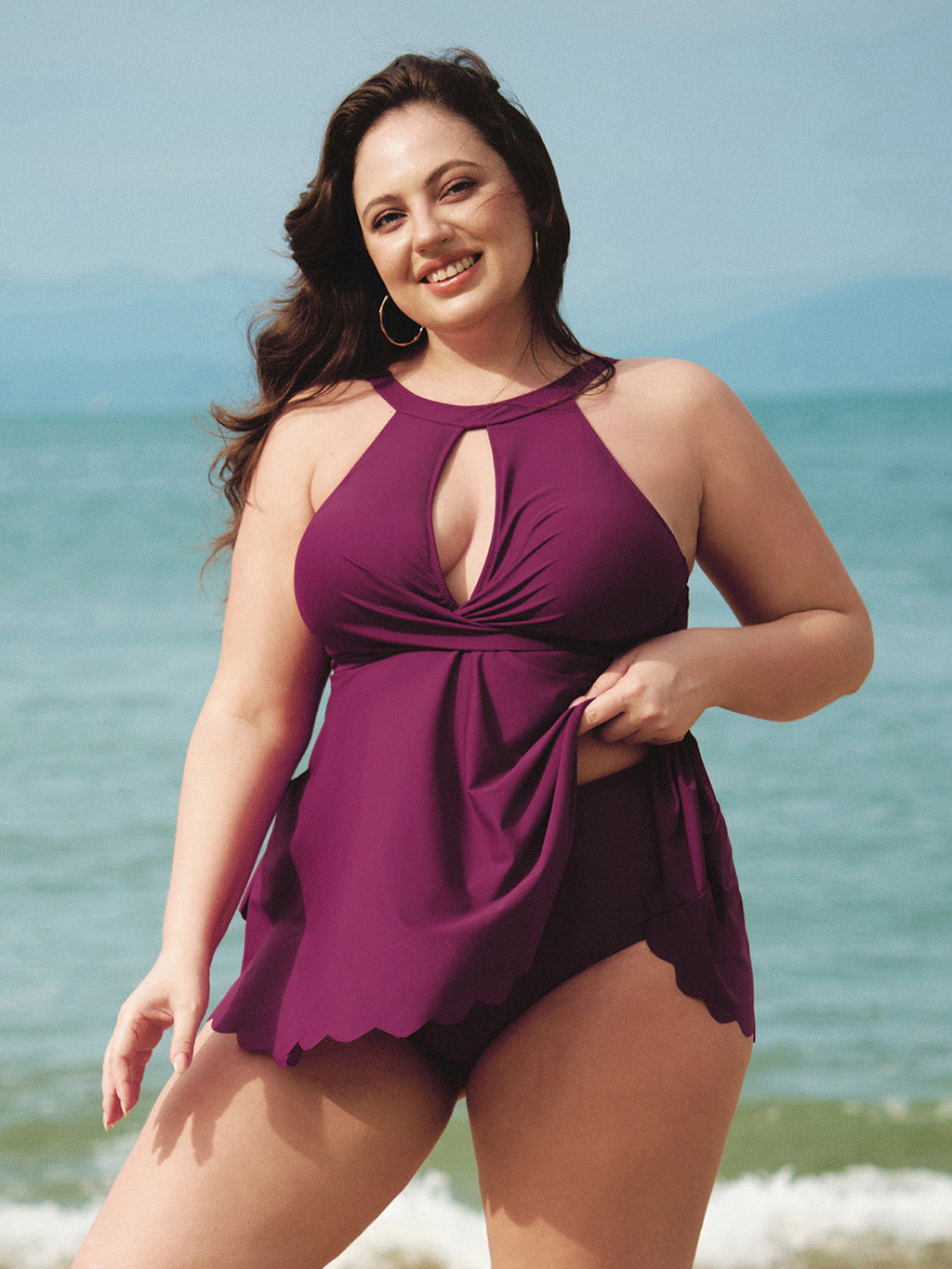 Bordo Halter Twist Ön Plus Beden Tankini Üstü - Şık ve Rahat