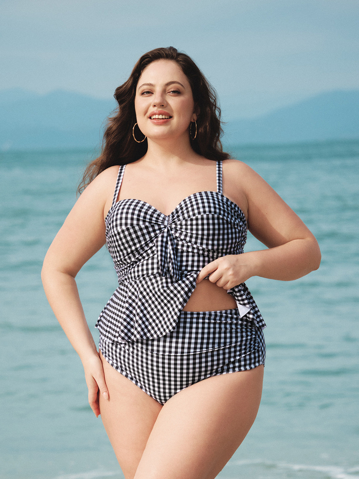 Şık Siyah Gingham Büyük Beden Tankini Altı - Rahat ve Moda