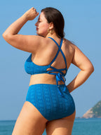 Jakarlı Mavi Büyük Beden Çapraz Sırt Bikini Üstü